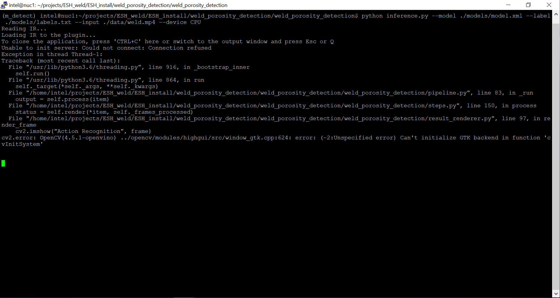 Screenshot of Can’t initialize GTK backend in function ‘cvInitSystem’ Error