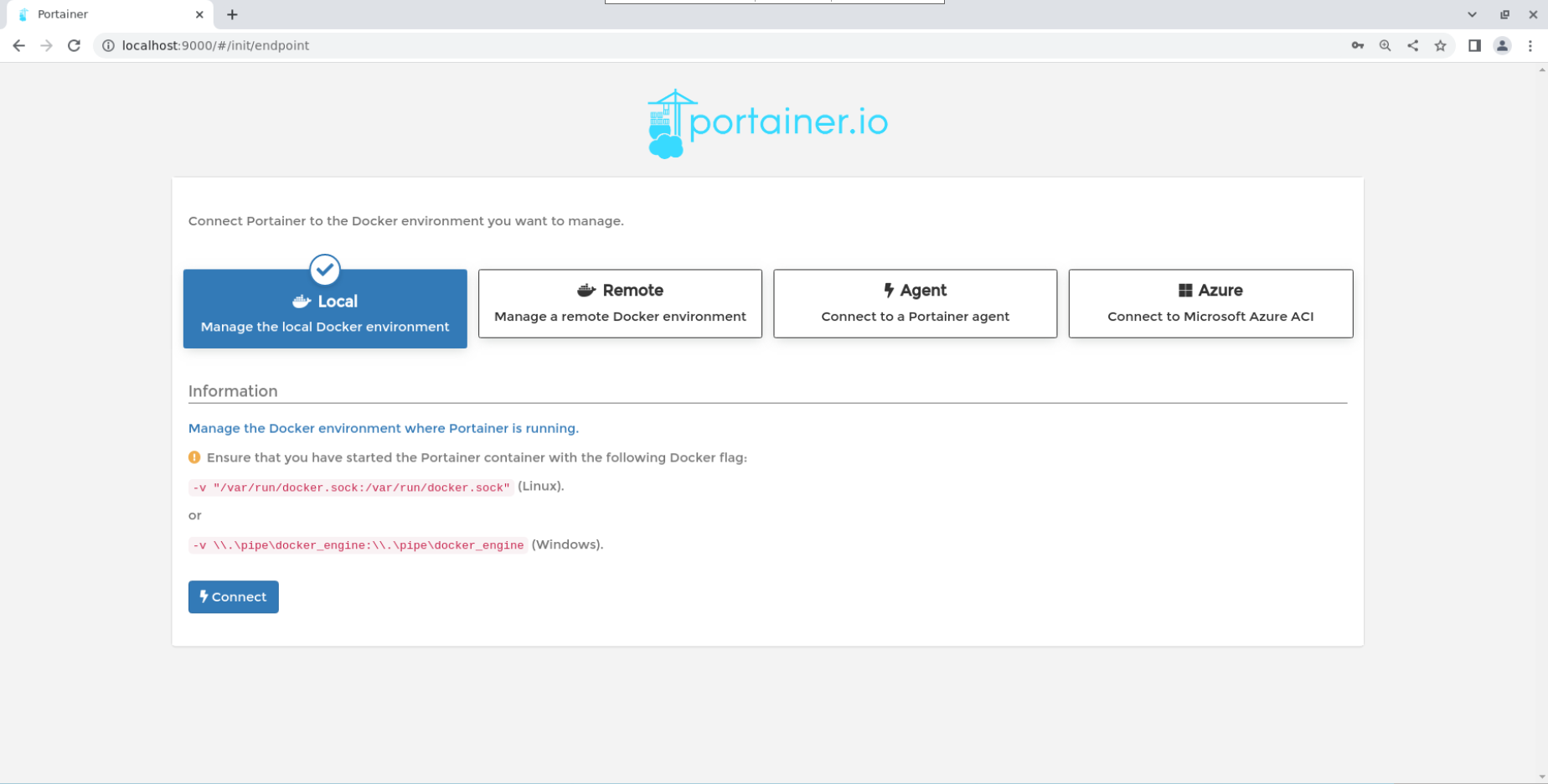 Screenshot of Selecting Local Docker Environment button out of the 4 choices on the screen: remote, agent, and Azure